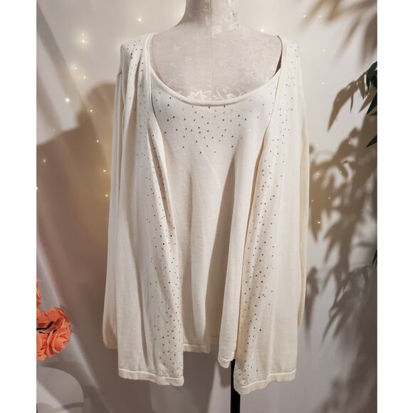 Quacker Factory Rhinestone Twofer Cardigan Size 3X Cream Sparkle Glam Holiday - Picture 1 of 9